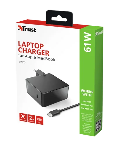 Σφραγισμένος Trust Maxo USB-C Φορτιστής Laptop 61W 20V 3A για Apple, Αποσπώμενο Καλώδιο Τροφοδοσίας