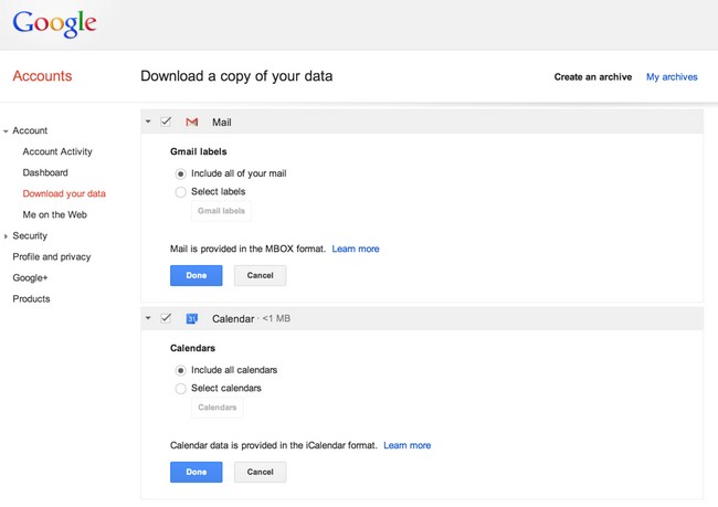 Google: Δυνατότητα download όλων των δεδομένων από Gmail και Google Calendar