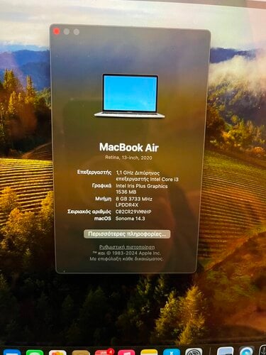 Περισσότερες πληροφορίες για "Apple Macbook Air 2020 Model, (13-Inch, Intel Core i3, 1.1Ghz, 8GB, 256GB, MWTJ2), Eng-KB, Space Gra"
