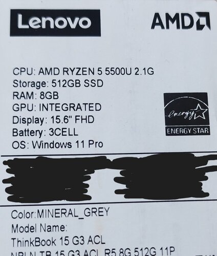 Περισσότερες πληροφορίες για "Lenovo ThinkBook 15 G3 ACL 15.6 Ryzen 5 5500, 8GB, 512GB, Windows 11 Pro"