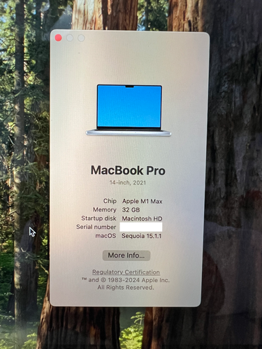 Περισσότερες πληροφορίες για "MacBook Pro M1 Max 32GB 14" 1TB SSD 93% battery health (135 cycles)"