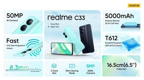 Σφραγισμένο Realme C33 Dual 4G 4GB/128GB Night Sea Smartphone, απόδειξη αλυσίδας, εγγύηση + ΔΩΡΟ !!