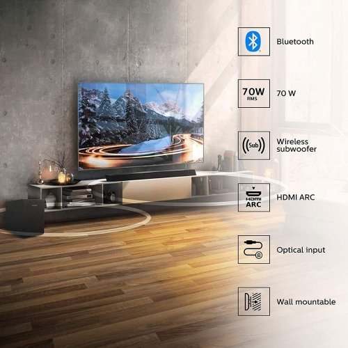 Περισσότερες πληροφορίες για "Ηχόμπαρα soundbar με ασύρματο subwoofer Philips TAB5305 70W 2.1 καναλιών, σφραγισμένη, εγγύηση"